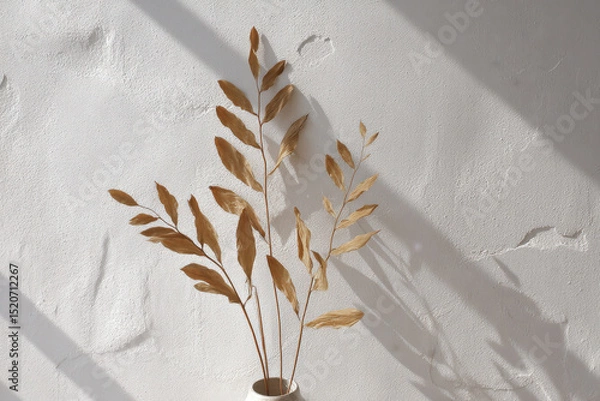 Fototapeta Dried cornstalk leaves arranged abstractly in a minimalist setting, casting soft shadows on the textured wall, creating a calm and serene atmosphere