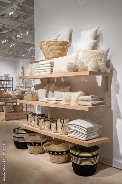 Fototapeta A beautifully designed home decor store displaying an array of Scandinavian-inspired textile items and woven baskets on wooden shelves