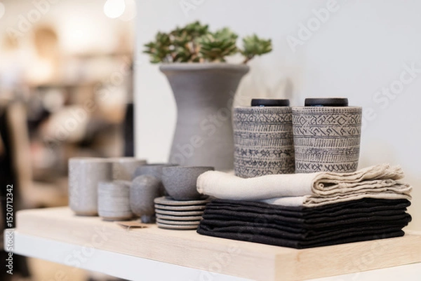 Fototapeta A collection of stylish Scandinavian home decor items is displayed on a wooden shelf featuring textured vases, patterned cups, and neatly folded textiles enhancing a minimalist ambiance