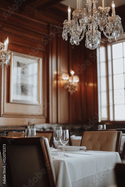 Fototapeta Luxurious fine dining restaurant featuring elegant wooden décor, crystal chandeliers, and an intimate setting for a memorable culinary experience