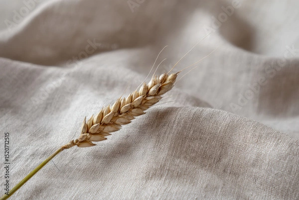Fototapeta An ear of barley gracefully leans diagonally across a textured neutral fabric, showcasing its golden grains and delicate details in soft natural light