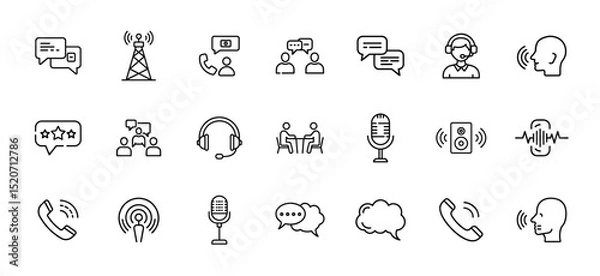 Fototapeta Speaking and communication icon set. Editable line vector icons of dialogue, speech bubble, talk, chat, discussion, meeting, voice, support, and conference