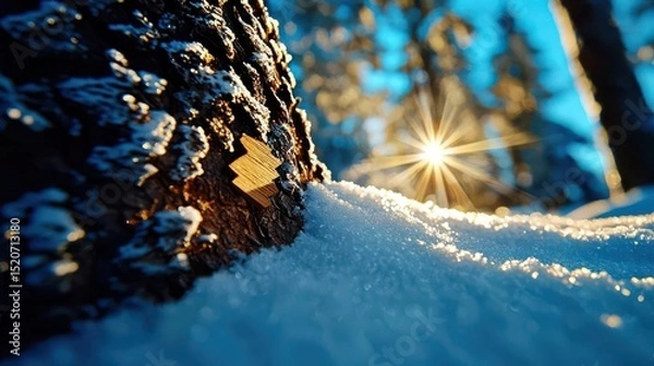 Fototapeta A serene winter scene showcasing snow-covered ground and a sunny glint through trees, perfect for conveying tranquility and beauty.