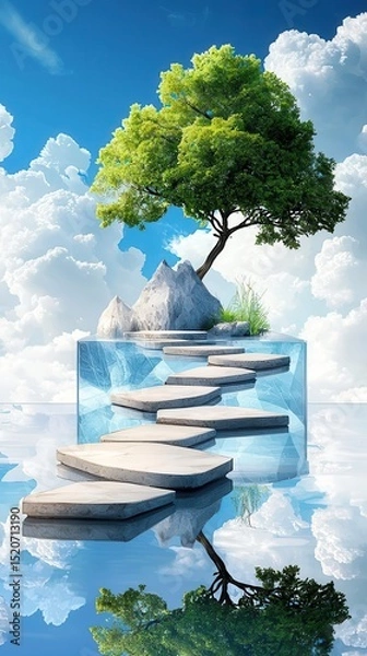 Fototapeta A surreal scene featuring a tree on a floating rock platform, with clear skies and reflections in the water below.