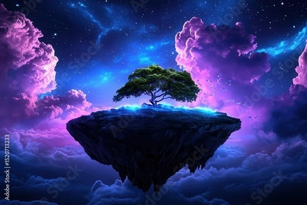 Fototapeta A stunning fantasy landscape featuring a lone tree on a floating island, surrounded by vibrant cosmic clouds and starry skies.
