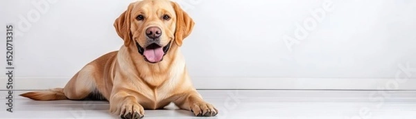Fototapeta Playful and happy Labrador dog lying on a clean floor, showcasing its playful personality and friendly nature.