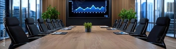 Fototapeta Modern conference room with large table and office chairs, featuring a presentation screen and green plants.
