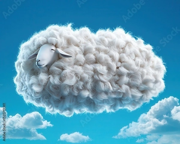 Fototapeta A whimsical illustration of a fluffy cloud shaped like a sheep, floating peacefully in a bright blue sky.