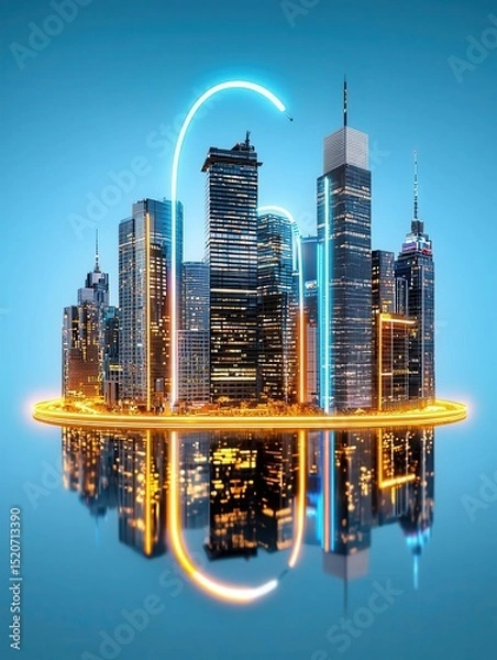 Fototapeta A vibrant city skyline illuminated with colorful lights, showcasing modern architecture and reflective surfaces against a blue backdrop.