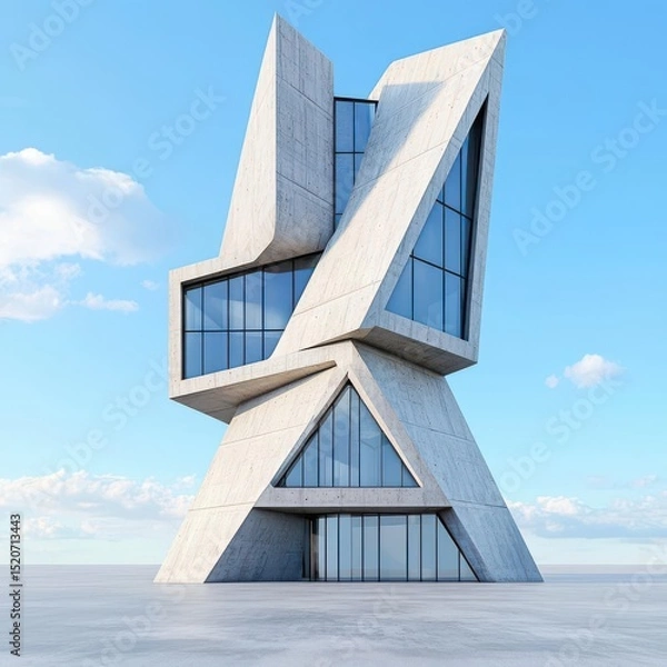 Fototapeta A stunning modern architectural structure featuring unique angles and large glass windows against a clear blue sky.