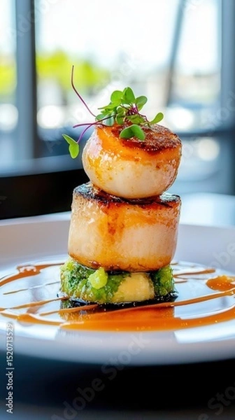 Fototapeta Elegant gourmet dish featuring perfectly seared scallops stacked on greens, finished with a drizzle of sauce.
