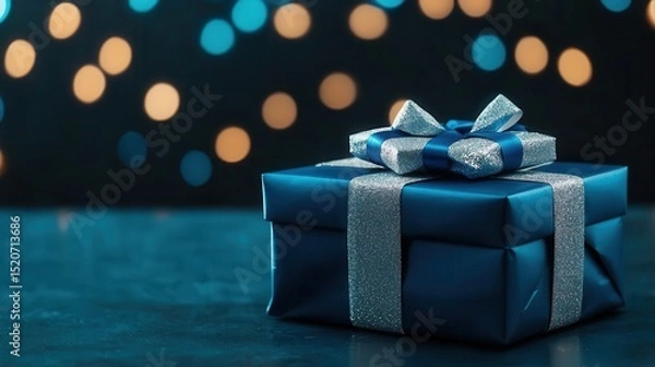 Fototapeta A beautifully wrapped blue gift box with a shiny bow, set against a background of twinkling bokeh lights.