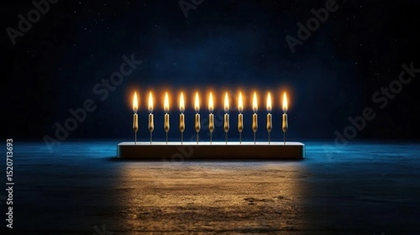 Fototapeta A beautiful menorah with glowing candles, symbolizing warmth and tradition during Hanukkah celebrations in a dark background.