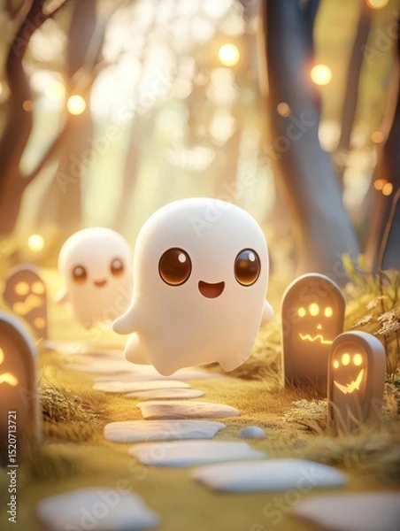 Fototapeta Playful ghosts frolic along a charming path in a whimsical forest setting, illuminated by glowing tombstones and soft light.