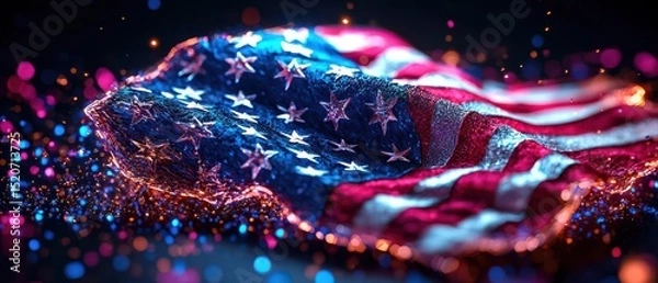 Fototapeta An artistic representation of the American flag, illuminated with vibrant colors and sparkles, creating a dynamic visual effect.