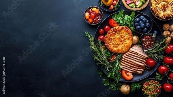 Fototapeta Delicious assortment of fresh fruits, vegetables, meats, and herbs presented on a dark background, perfect for food enthusiasts.