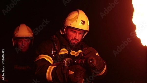 Fototapeta Brave firefighters battling intense flames at night. Firelight illuminates their determined faces as they work courageously in darkness. Dramatic scene of rescue, danger, and heroism.