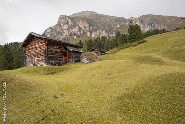 Obraz small house over a mountain pasture in Dolomites with wonderful panorama