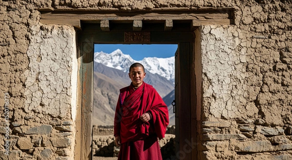 Fototapeta A young Buddhist monk in red robes stands framed by an old earthen doorway, with snow-capped Himalayan mountains in the background, symbolizing peace, tradition, and spiritual serenity.