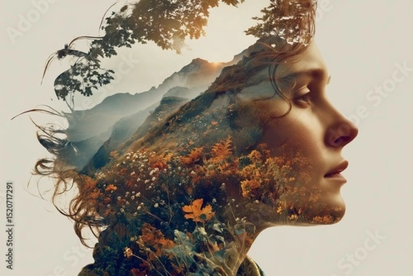 Fototapeta Double exposure portrait of a botanist with wildflower fields blending into face, nature research theme