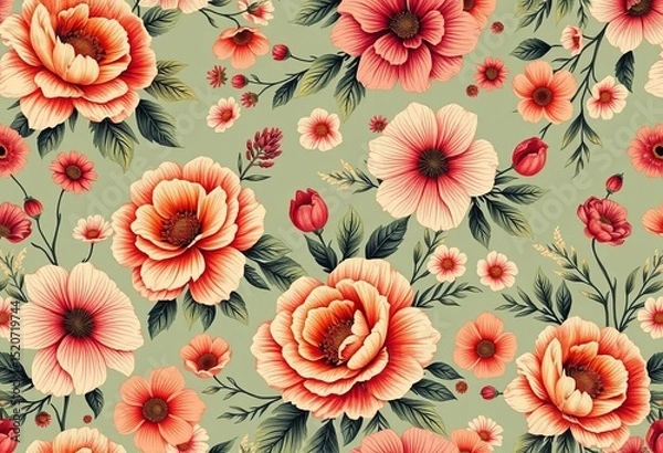 Fototapeta Vintage-inspired abstract floral bouquets, seamlessly repeating in a beautiful hand-drawn style, botanical, stock