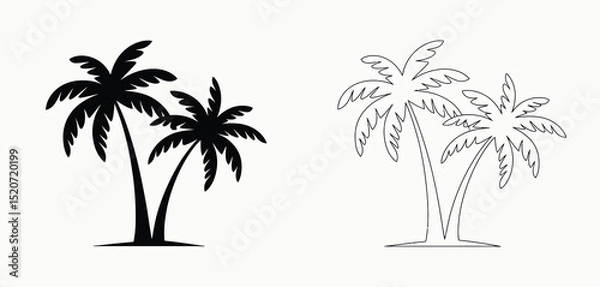 Fototapeta Tropical Palm Trees Silhouette and Line Art Illustration