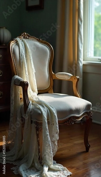 Obraz Delicate lace lingerie draped artfully on a chair, empty and suggestive of absence; a feeling of solitude and longing , intimate apparel, delicate fabric