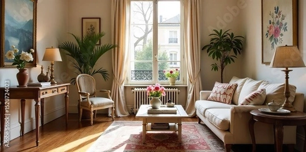 Fototapeta Charming Parisian apartment, beautifully decorated with vintage furniture and floral accents Sunlight streams through the window, illuminating the elegant space , cozy, apartment