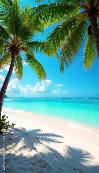 Obraz Sun-drenched beach scene with vibrant turquoise water, soft white sand, and lush palm trees swaying gently in the breeze, perfect for summer holiday escapes , ocean, lush, serene