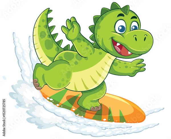 Obraz Playful Dinosaur Surfing on Vibrant Waves