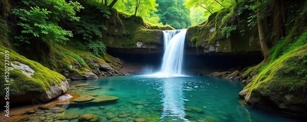 Obraz Serene waterfall cascading down mossy rocks into a crystal-clear pool, surrounded by lush green forest Perfect for nature, travel, and relaxation themes , ecosystem, rainforest