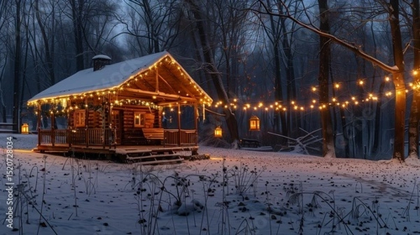 Fototapeta :Winter landscape. Panorama with a wooden hut on a meadow covered with snow. New Year's lanterns illuminate the house in the evening. Yellow garlands. Mystical night. Forests