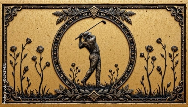 Fototapeta Intricate Gold Relief Sculpture of Golfer in Action Surrounded by Ornamental Floral Design