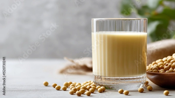 Fototapeta  A refreshing healthy soy drink served in a modern glass, surrounded by raw soybeans