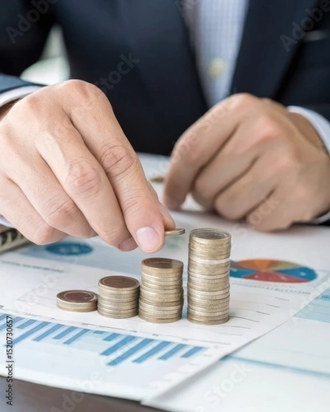 Obraz financial freedom independence strategy value concept. Hand arranging coins on a financial report table.