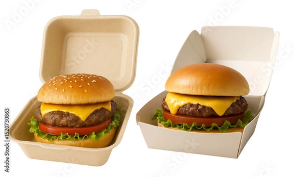 Fototapeta Cheeseburger Takeout Set in Eco-Friendly Boxes on White Background