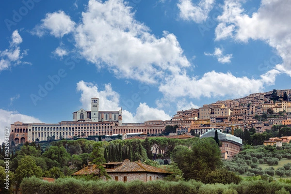 Fototapeta Assisi medieval town prominently visible among lush greenery and olive trees on an sunny day one of the most important places of Christian pilgrimage in Italy. Assisi, Umbria, Italy