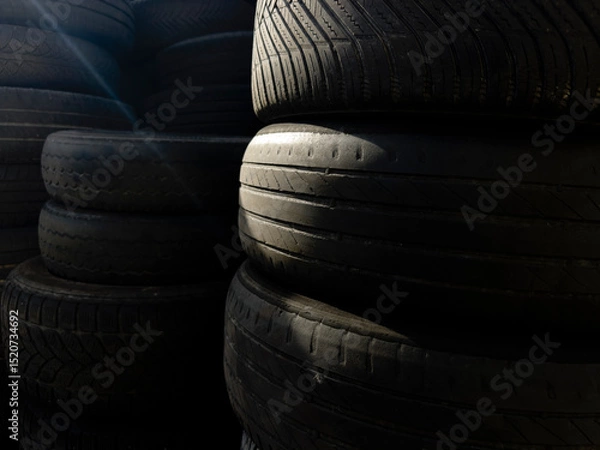 Obraz Industrial storage of used tires for recycling and sustainable environmental management