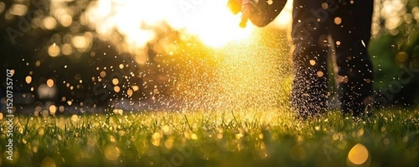 Obraz Person Watering Green Grass at Sunset