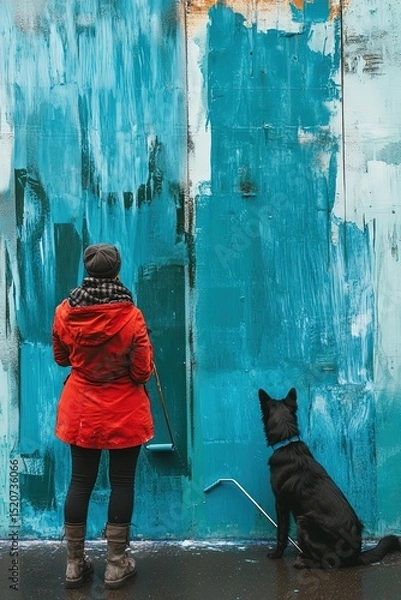 Obraz Woman Painting Blue Wall with Dog Looking on