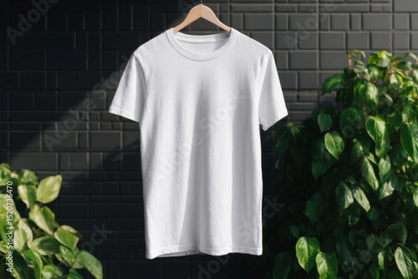 Fototapeta Plain white t-shirt hanging on a wooden hanger with a dark tiled wall and green leaves in the background. Perfect for apparel mockups, branding, or minimalist product presentations.