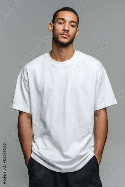 Fototapeta A young man with medium-dark skin tone wears a plain white t-shirt, posing confidently against a neutral gray background. Ideal for fashion, clothing mockups, or modern branding visuals.