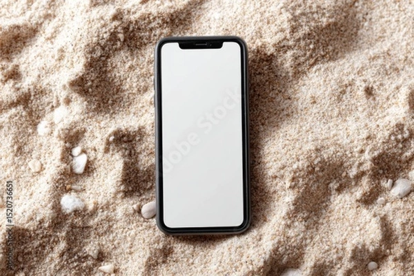 Fototapeta A modern smartphone with a blank white screen lies on sandy ground surrounded by small stones. Useful for vacation, lost phone, tech on the beach, or app mockup concepts.