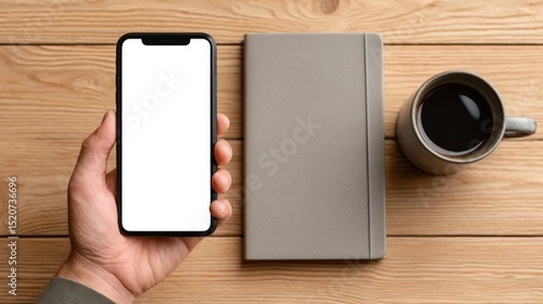 Fototapeta A hand holds a smartphone with a blank screen next to a notebook and a mug of black coffee on a wooden table. Perfect for productivity, workspace, or mobile app presentations.