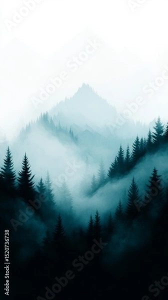 Fototapeta Misty forested mountains fade into the distance with layers of pine trees enveloped in soft fog. This atmospheric image suits themes of nature, tranquility, and environmental serenity.