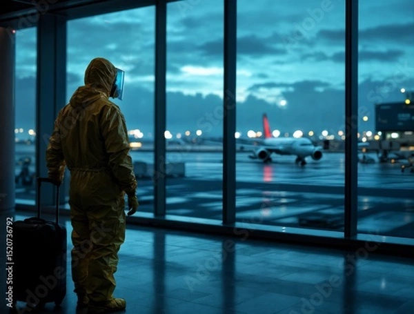 Fototapeta A person in full hazmat suit stands at an airport terminal window watching an airplane on the runway at dusk. This image highlights themes of biosecurity, travel safety, and global health.