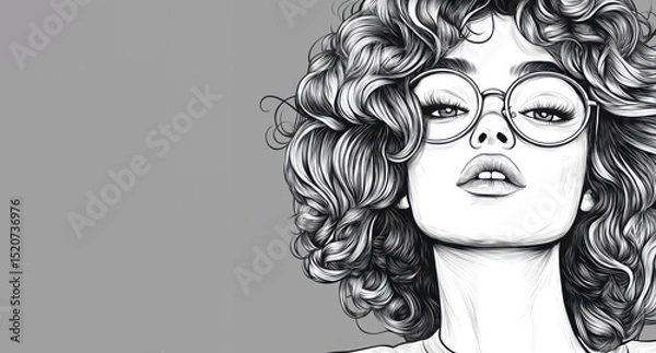 Fototapeta Black and white sketch illustration of a woman with curly hair and glasses gazing upward against a plain background. Perfect for editorial design, fashion, or creative branding projects.