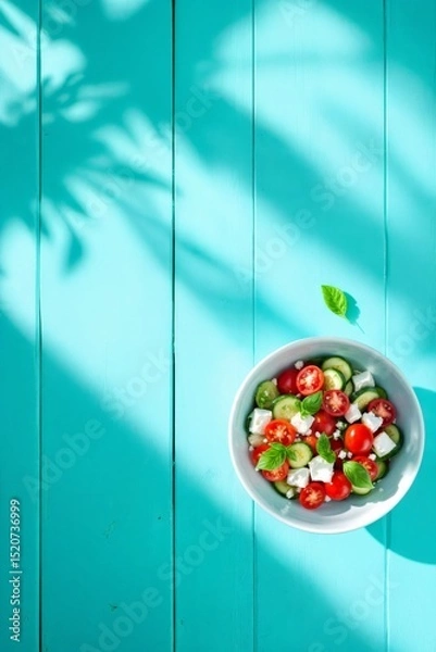 Fototapeta Fresh Greek salad in a white bowl placed on a bright turquoise wooden surface with leaf shadows. Perfect for healthy eating, summer recipes, or Mediterranean lifestyle content.