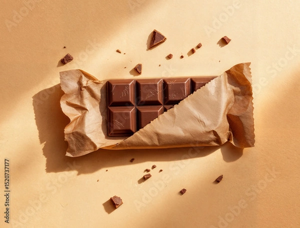 Fototapeta Unwrapped chocolate bar rests on kraft paper with broken pieces scattered on a warm beige surface. This image is ideal for confectionery branding, packaging design, or sweet food advertising.