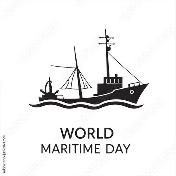 Fototapeta World Maritime Day is represented in a modern flat design, classic black and white vector silhouette.  The minimalist style uses simple two-dimensional shapes against a white background